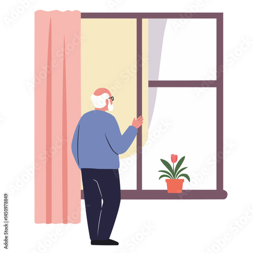 Senior man by window - thoughtful elderly gentleman near window, warm sunlight gently illuminating his wrinkled face, creating atmosphere of quiet contemplation and peace.