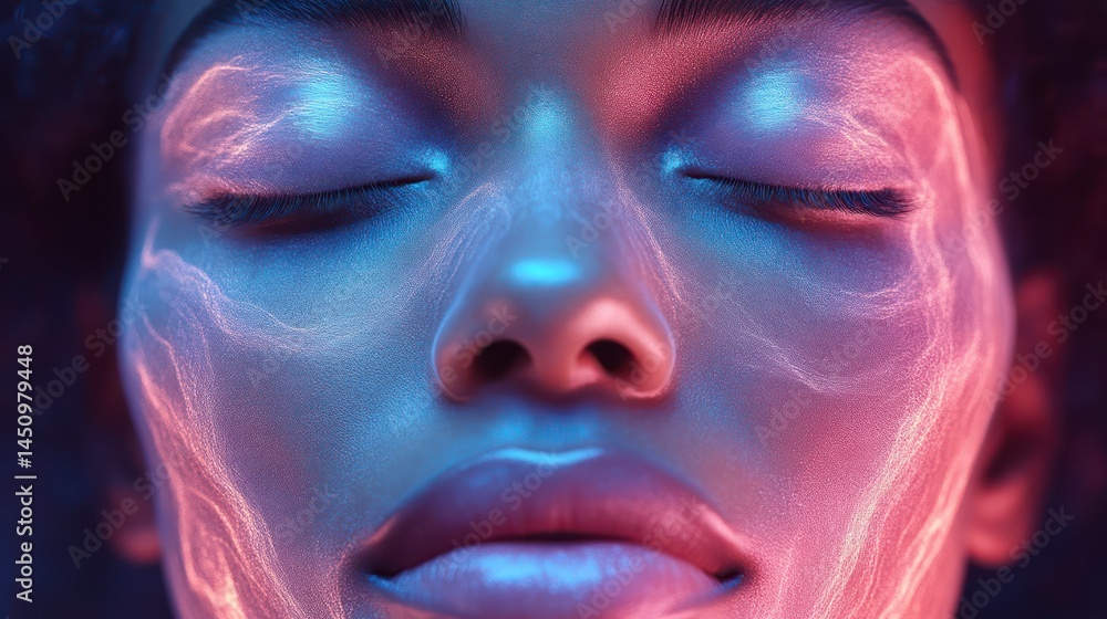Neon Illuminated Face with Closed Eyes Futuristic Lighting Effects High Contrast Colors Arti Neon Illuminated Face with Closed Eyes Futuristic Lighting Effects High Contrast Colors Arti