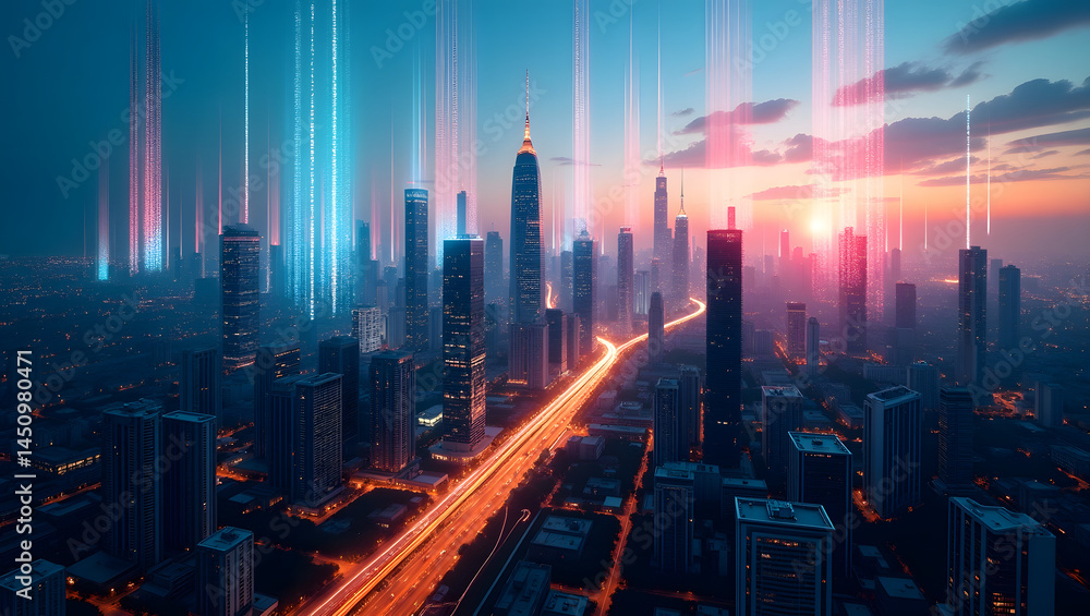 Futuristic Cityscape with Ascending Light Streams. Futuristic Cityscape with Ascending Light Streams.