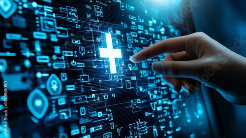 Obraz na płótnie A close-up of a hand interacting with a digital interface, featuring glowing blue icons and a prominent medical cross symbol, illustrating the fusion of technology and health. w salonie