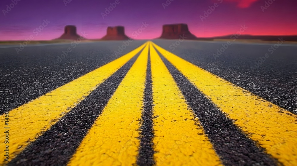 Fototapeta premium Triple Yellow Lines Road Asphalt Sunset Landscape