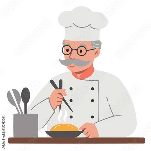 Retired chef cooking meal - former head chef joyfully preparing homemade dish in kitchen, his skilled hands expertly handling ingredients, atmosphere of coziness and culinary inspiration.