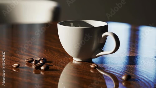 Close-Up of Ceramic Coffee Cup on Wooden Table with Coffee Beans and Soft Natural Light