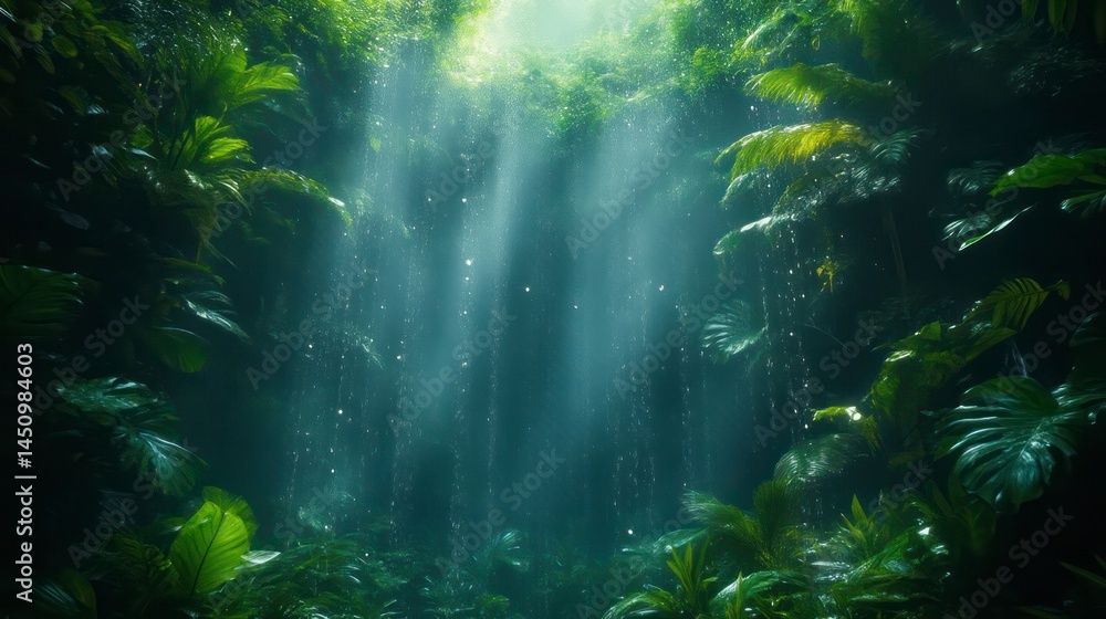 Obraz premium Sunlight Filtering Through Lush Tropical Jungle Illuminating Dense Foliage and Creating a Sere