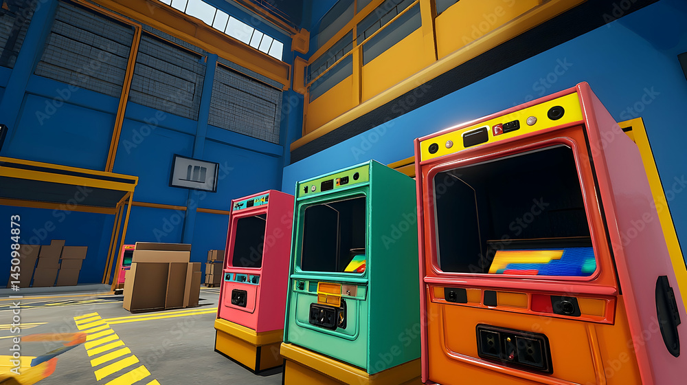 Colorful Pixel Arcade Machines In Industrial Building Colorful Pixel Arcade Machines In Industrial Building