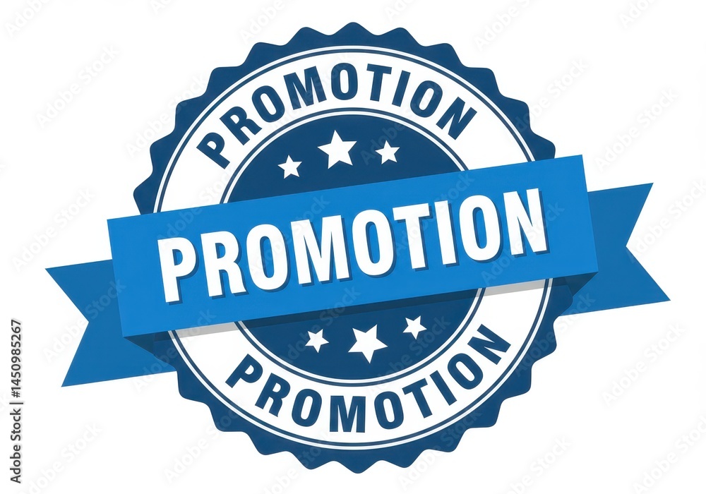 Fototapeta premium Blue promotion ribbon with stars and scalloped edge on white background