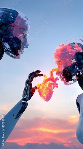 Two humanoid robots interact, holding a glowing heart against a sunset sky