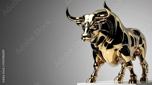 Fierce Golden Bull Statue Symbolizing Bull Market on White Background. Muscular Build and Polished Finish.