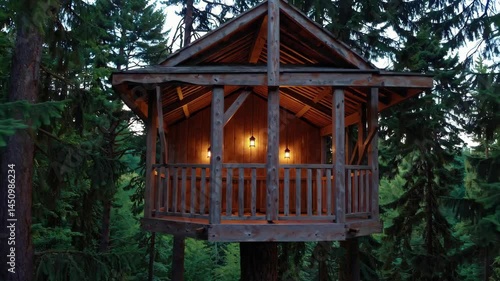 Cozy Elevated Treehouse with Rustic Wooden Design and Glowing Lantern Light