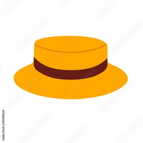Straw-style boater hat in bright yellow with flat crown and brown ribbon band