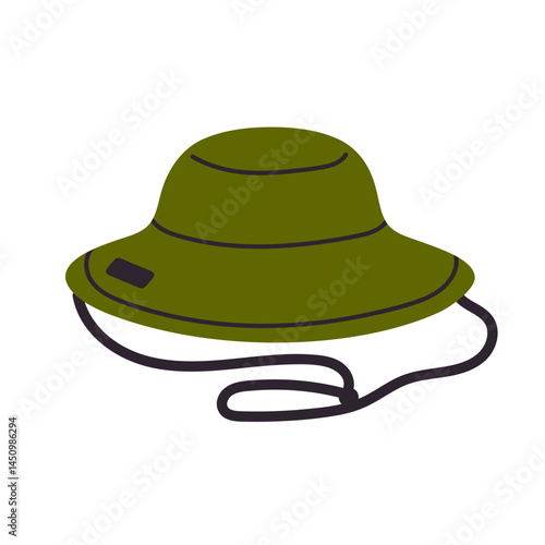 Utility-style green outdoor hat with chin cord for sun protection and hiking