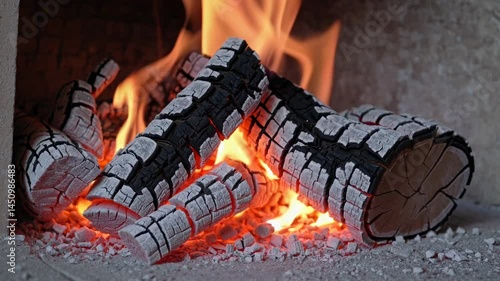 Close-Up of Burning Wood in Fireplace with Glowing Embers and Dancing Flames