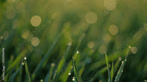 Close-Up of Dew-Covered Green Grass Blades Gently Swaying in Warm Morning Light