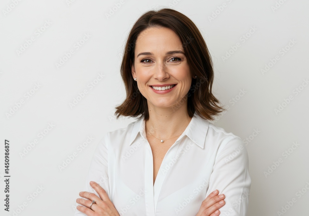 Smiling woman with arms crossed wearing a white shirt against a white background Smiling woman with arms crossed wearing a white shirt against a white background