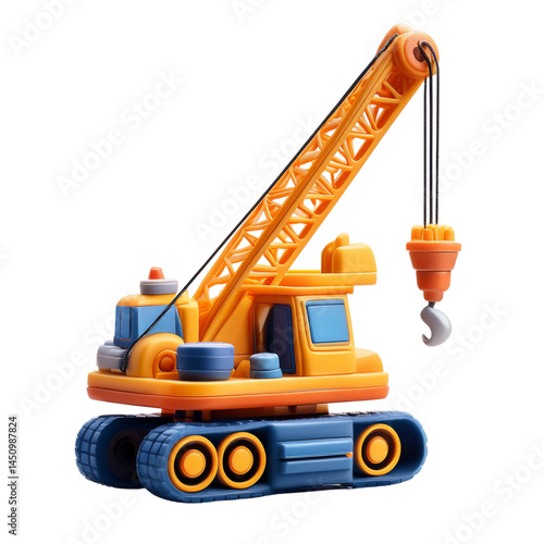 Colorful Toy Construction Crane with Yellow Arm and Orange Wheels, Isolated On transparent Background