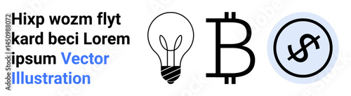Black lightbulb, Bitcoin logo, and dollar sign inside blue circle highlighting innovation, cryptocurrency, and finance concepts. Ideal for fintech, banking, economy, investment technology startups