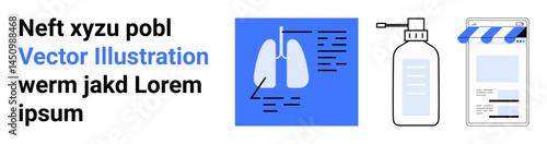 Lungs radiograph, medical bottle, and mobile app for pharmacy displayed in minimal style. Ideal for healthcare, telemedicine, pharmacy, treatments, diagnostics, science simple landing page