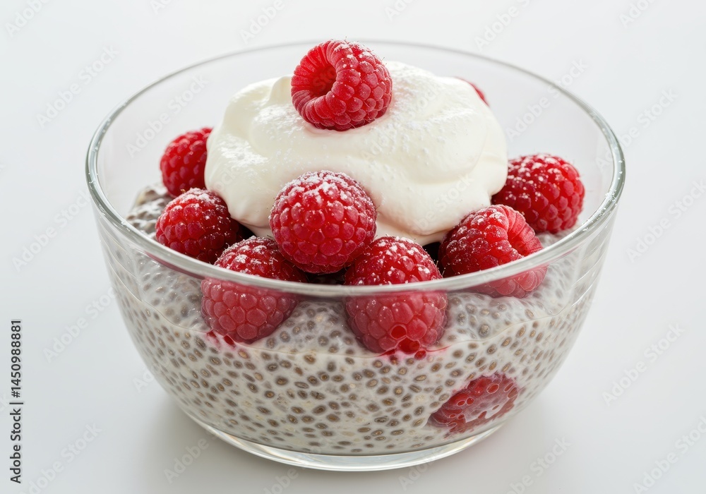 Chia seed pudding with raspberries and cream in a glass bowl on white background Chia seed pudding with raspberries and cream in a glass bowl on white background
