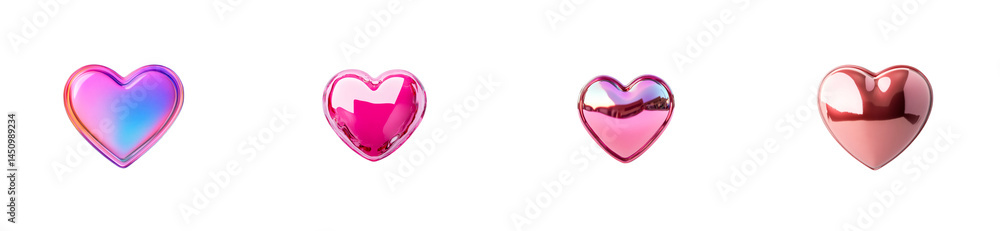 Row of Four Glossy Hearts with Holographic Effect. cut out transparent Row of Four Glossy Hearts with Holographic Effect. cut out transparent