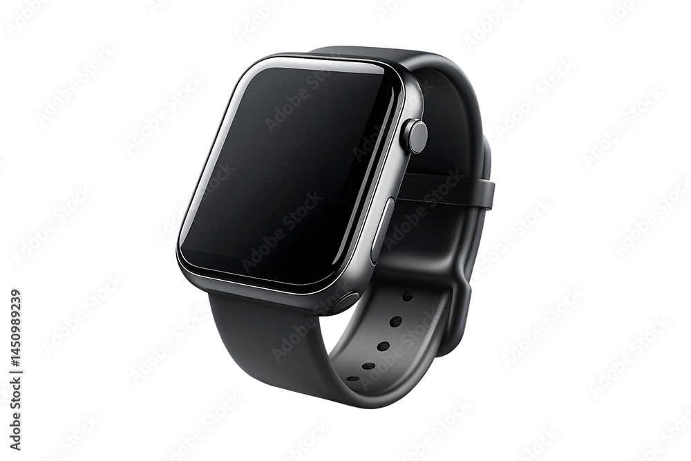 wrist smart watch mockup with black strap, png file of isolated cutout object with shadow on transparent background.PNG wrist smart watch mockup with black strap, png file of isolated cutout object with shadow on transparent background.PNG