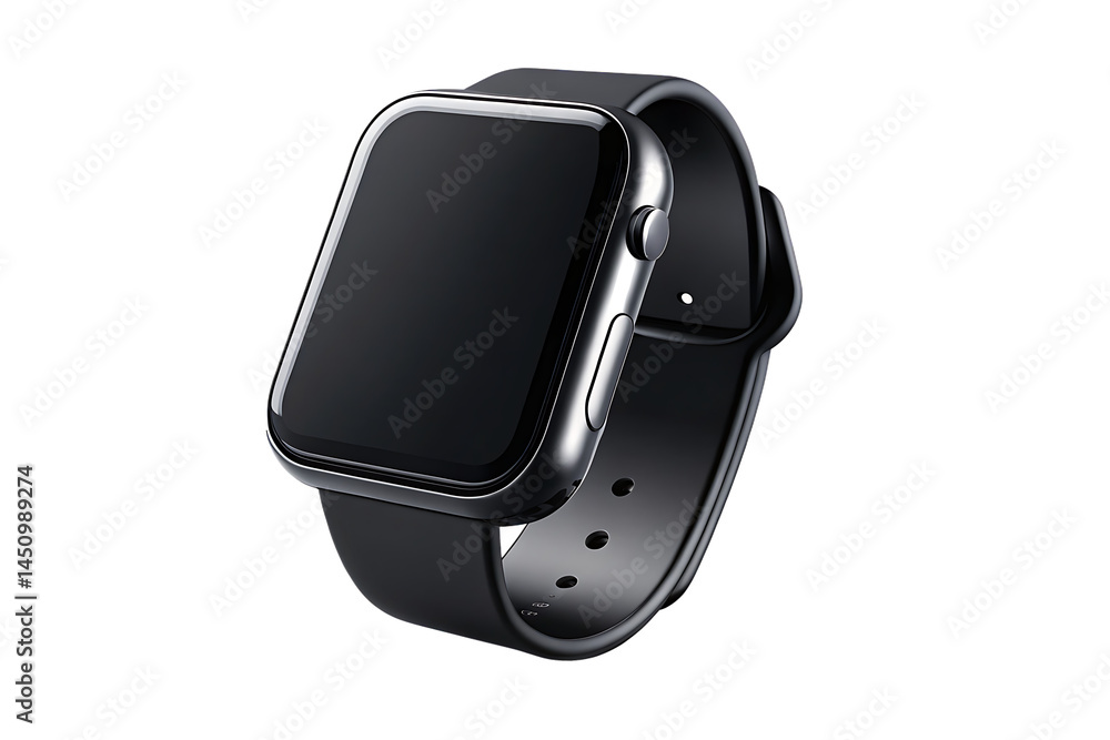 wrist smart watch mockup with black strap, png file of isolated cutout object with shadow on transparent background.PNG wrist smart watch mockup with black strap, png file of isolated cutout object with shadow on transparent background.PNG