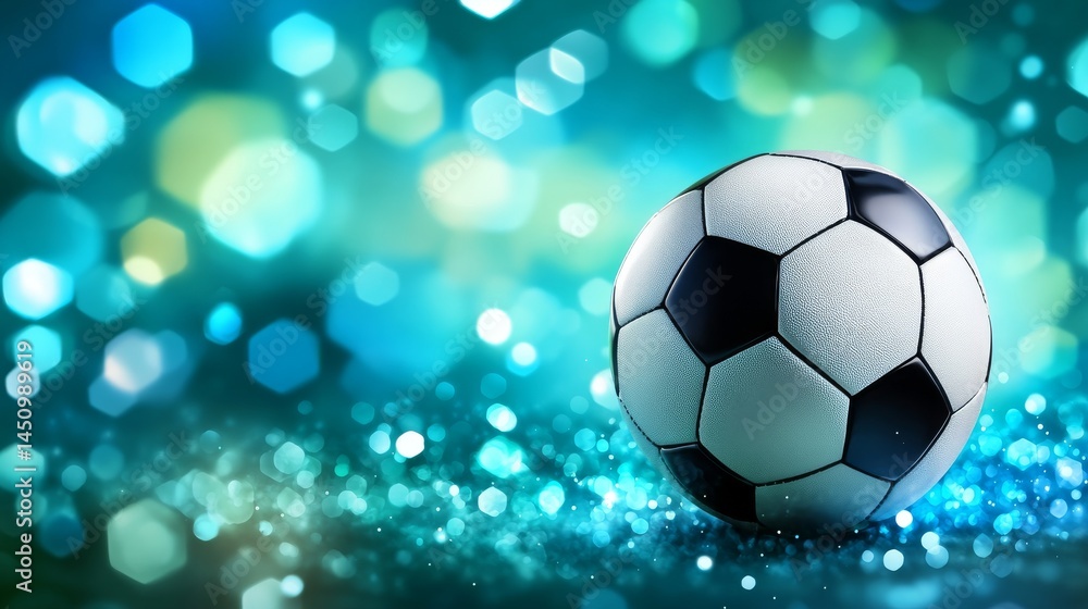 Naklejka premium A blue-hued background with a hexagonal grid serves as the setting for an illustration of a luminous soccer ball
