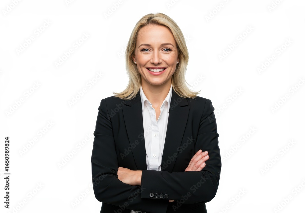 Smiling blonde businesswoman with arms crossed on white background Smiling blonde businesswoman with arms crossed on white background