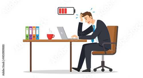 Man with low battery in flat vector style. Exhausted office worker with a drained battery symbol. Work stress and burnout concept