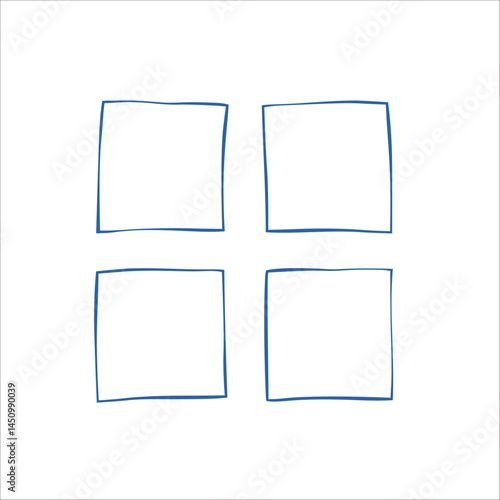 Set of hand drawn doodle vector frames in blue color with uneven lines, sketchy border shapes