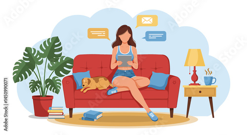 Woman relaxing on sofa with tablet. Flat vector illustration of a woman working using a tablet while lying on a sofa with a dog. Cozy indoor scene