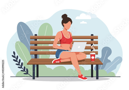 Adobe Illustrator Artwork Flat vector illustration of a woman working on a laptop on a park bench with coffee. Features a modern, stylized aesthetic. Ideal for digital art and outdoor work themes