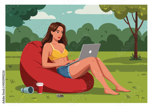 Adobe Illustrator Artwork Flat vector illustration of a woman working on a laptop in a park on a beanbag chair. Features a modern, stylized aesthetic. Ideal for digital art and outdoor work themes