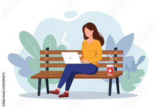 Adobe Illustrator Artwork Flat vector illustration of a woman working on a laptop on a park bench with coffee. Features a modern, stylized aesthetic. Ideal for digital art and outdoor work themes