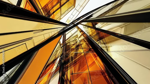 Abstract architectural design with intersecting lines and glass panels in orange and white hues