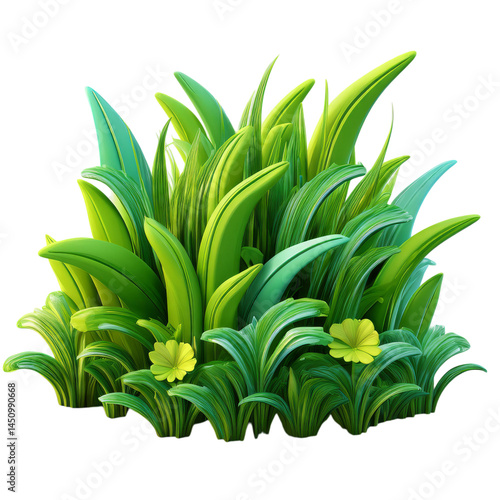 Lush Green Grass and Leafy Plants in Vibrant Natural Setting, isolated on transparent background