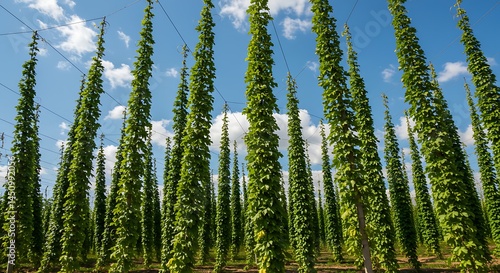 Hops Vines Ascending Skyward: Trellised Vertical Cultivation.