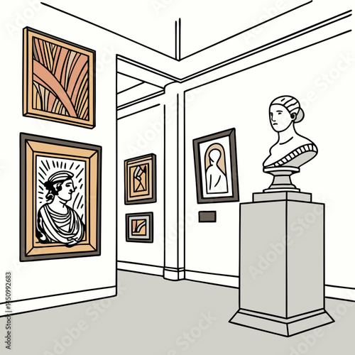 Hand Drawn Art Gallery Interior Featuring Paintings And Sculpture Vector Illustration