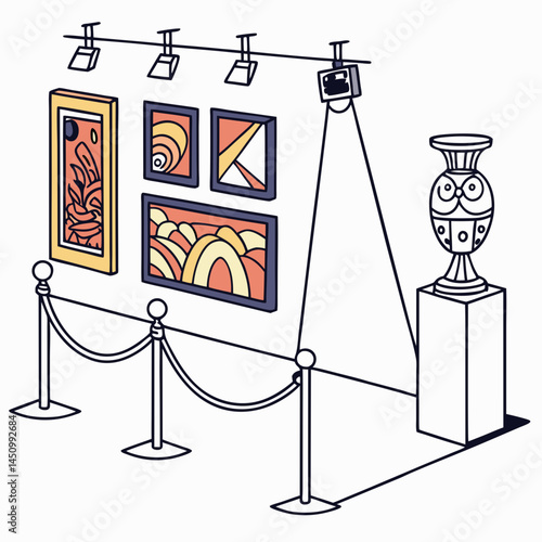 Art Exhibition Display With Paintings And Vase Behind A Rope Barrier