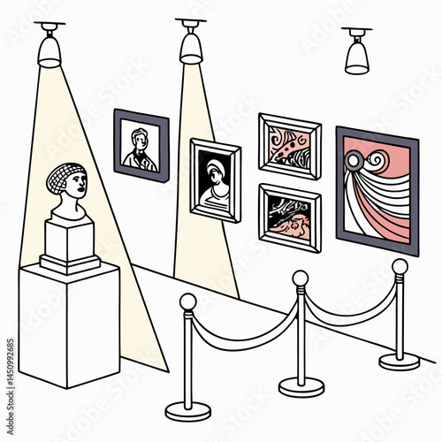 Art Gallery Exhibition With Paintings And Sculpture Under Spotlights Vector