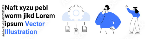 Gear icon connected to cloud and documents, man thinking, woman pointing forward. Ideal for teamwork, strategy, cloud technology, organization, planning, data sharing and simple landing page