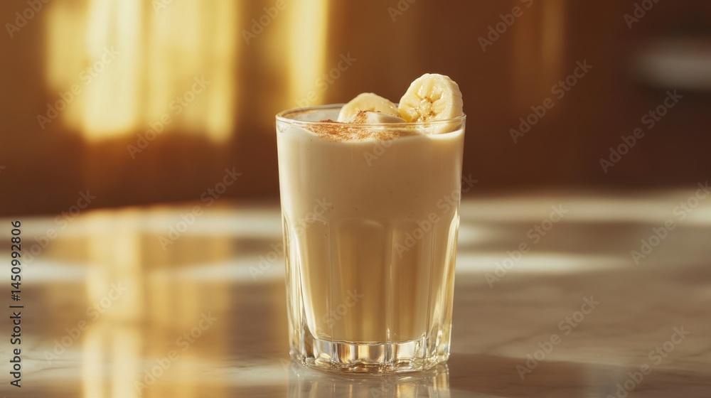 Protein Shake in Clear Glass with Banana Slices Protein Shake in Clear Glass with Banana Slices