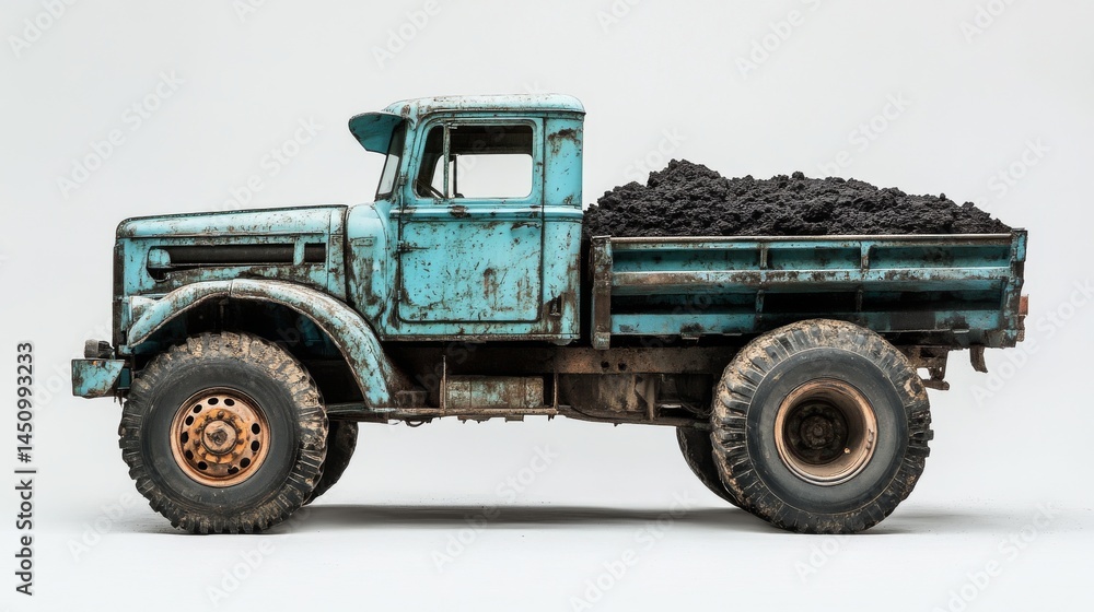 Obraz premium Truck loaded with soil intended for disposal is situated on a white background