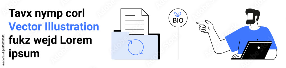 Man holding laptop pointing to a document with recycling arrows and a Bio symbol symbolizing ecology, recycling, sustainability, corporate ethics, green energy, education, innovation. Ideal for flat Man holding laptop pointing to a document with recycling arrows and a Bio symbol symbolizing ecology, recycling, sustainability, corporate ethics, green energy, education, innovation. Ideal for flat