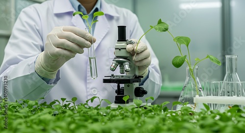 Plant Science: Researcher Examining Seedling with Microscope in Lab Environment.
