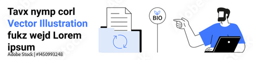Man holding laptop pointing to a document with recycling arrows and a Bio symbol symbolizing ecology, recycling, sustainability, corporate ethics, green energy, education, innovation. Ideal for flat