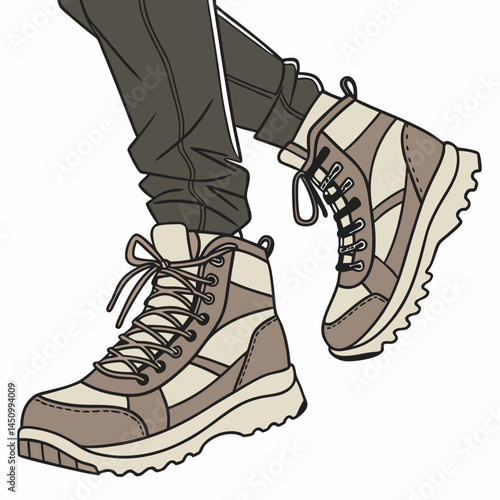Illustrated Feet Wearing Stylish Brown Hiking Boots And Jogger Pants Apparel