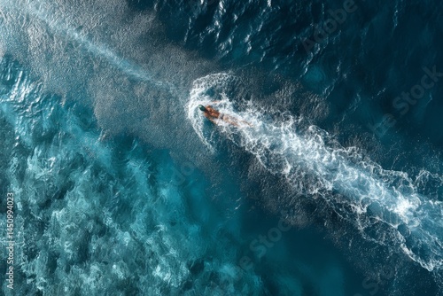 Overhead view of swimmer powering through blue ocean, creating white water wake and disturbance in the vastness