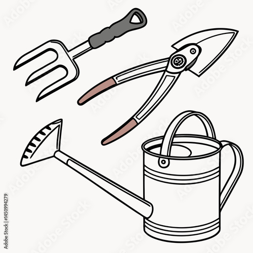 Black Outline Gardening Tools Illustration Showing A Watering Can And Fork