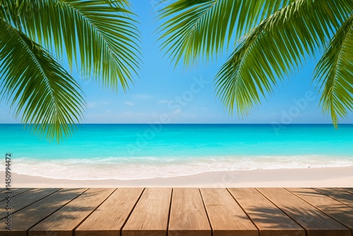 Fototapeta Naklejka Na Ścianę i Meble -  Tropical beach with turquoise water palm leaves and wooden deck
