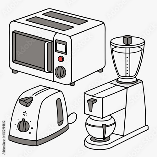 Kitchen Appliances Toaster Oven Toaster And Stand Mixer Isolated On White Background